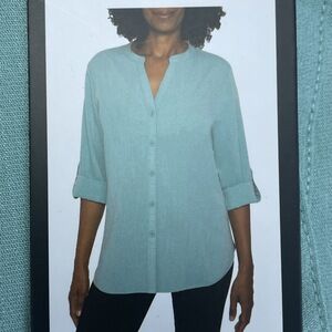 Mario Serrani Women's M Button Front Blouse Green Rayon Blend a1778